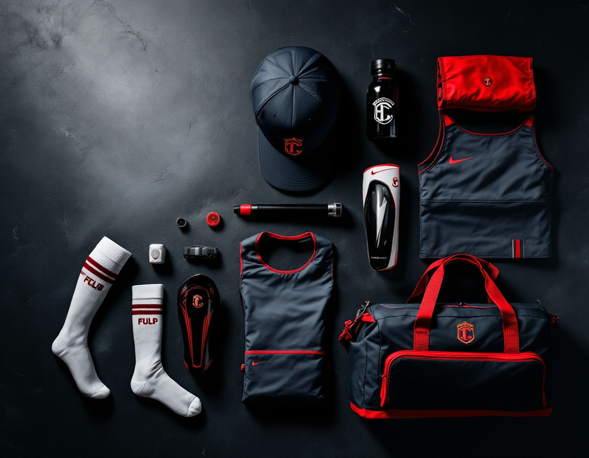 Flat-lay of custom team caps, water bottles, socks, shin guards, training bibs and kit bag
