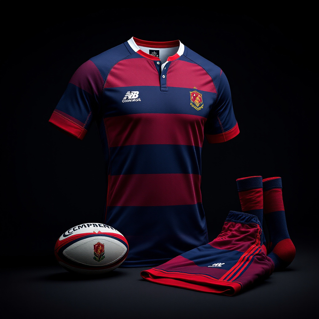 Custom rugby jersey in hooped team colours with club crest