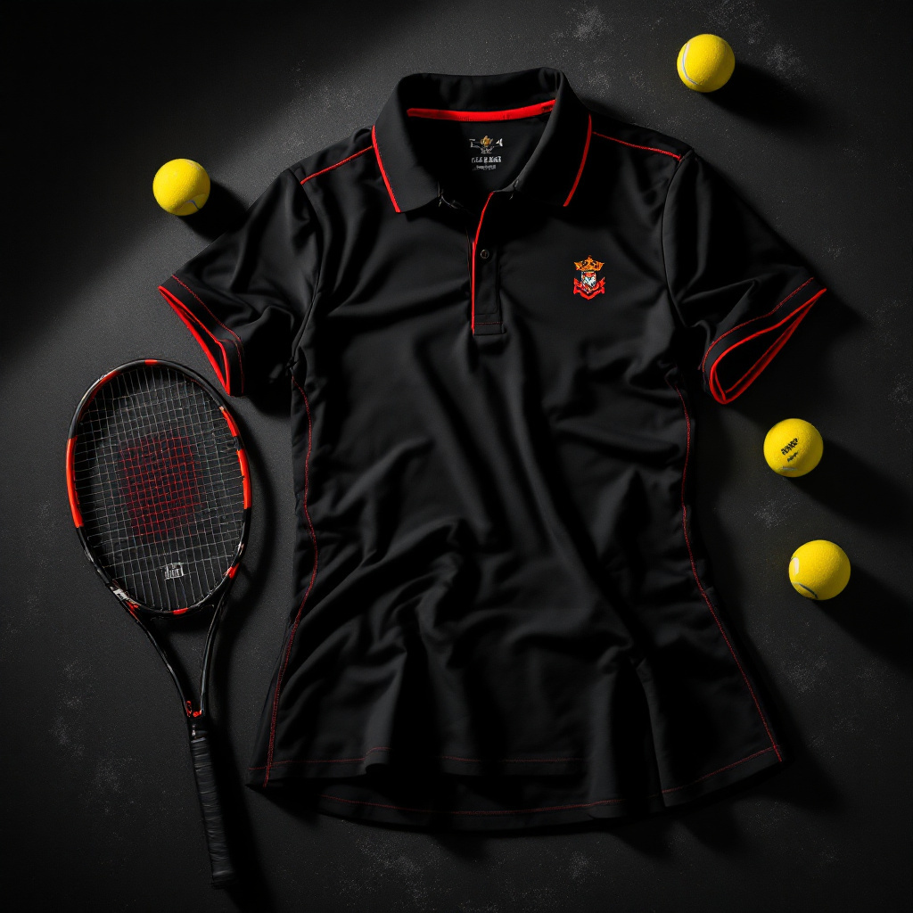 Custom tennis polo and skirt set beside racquet and balls