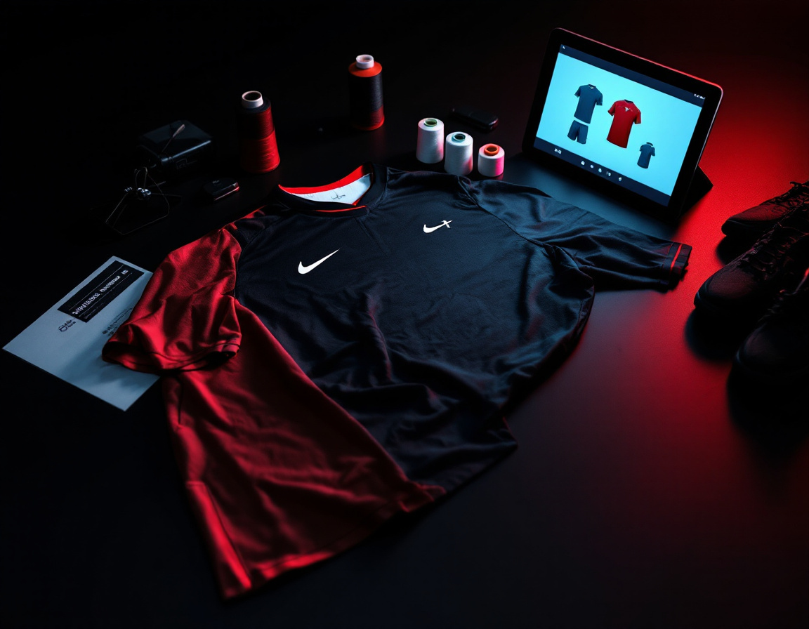 Custom sportswear design process with fabric swatches and jersey mockups