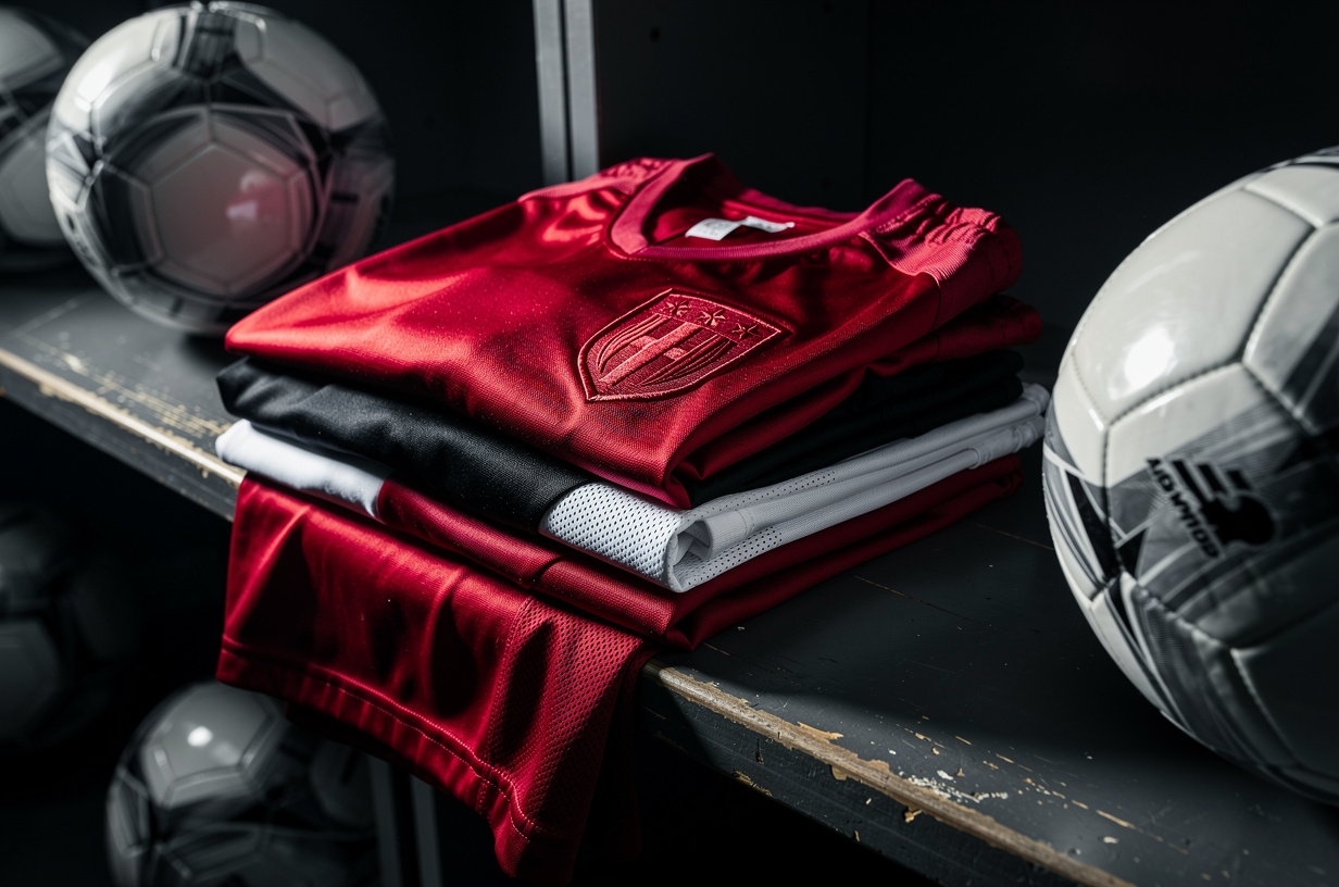 Folded custom football jerseys and shorts in team colours with club crests