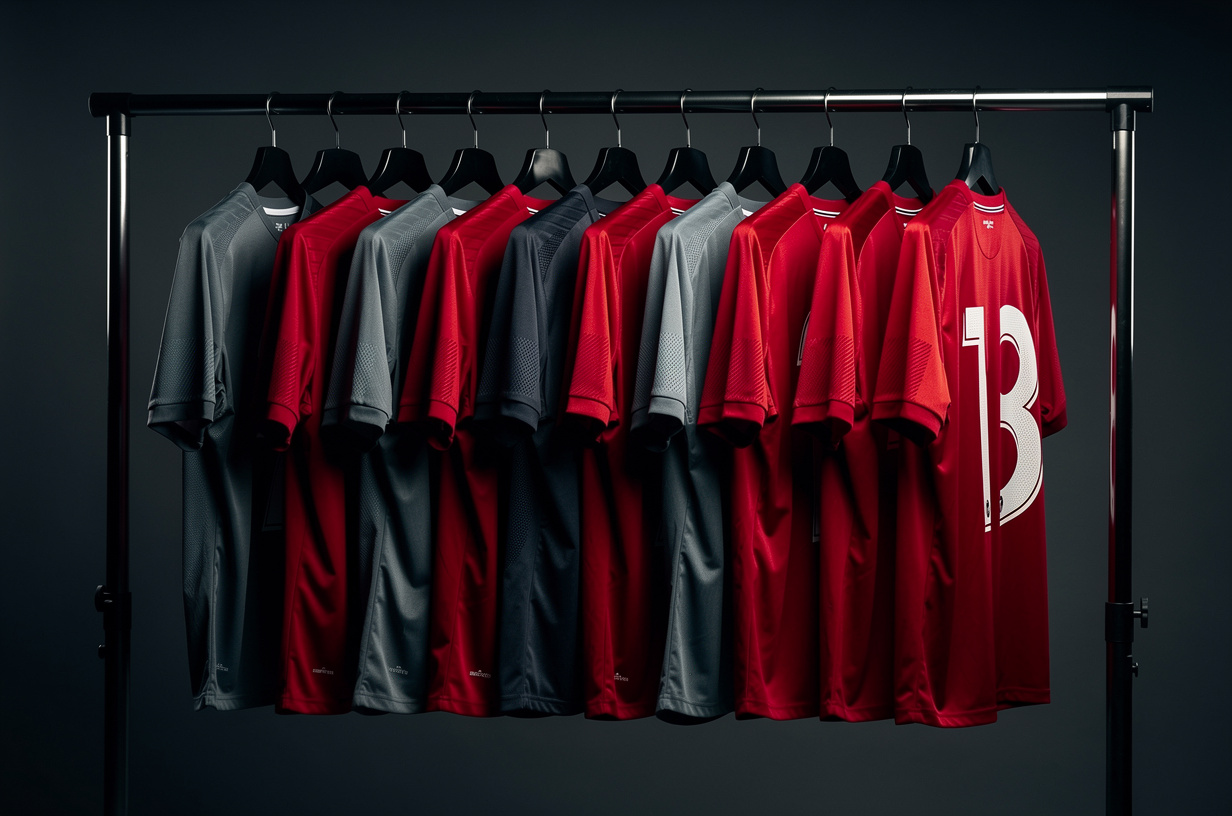 Rack of matching football club kit on hangers in team colours