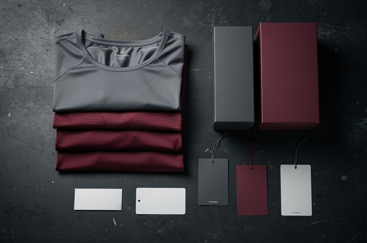 Private-label athletic apparel flat-lay with custom labels, hang tags and packaging