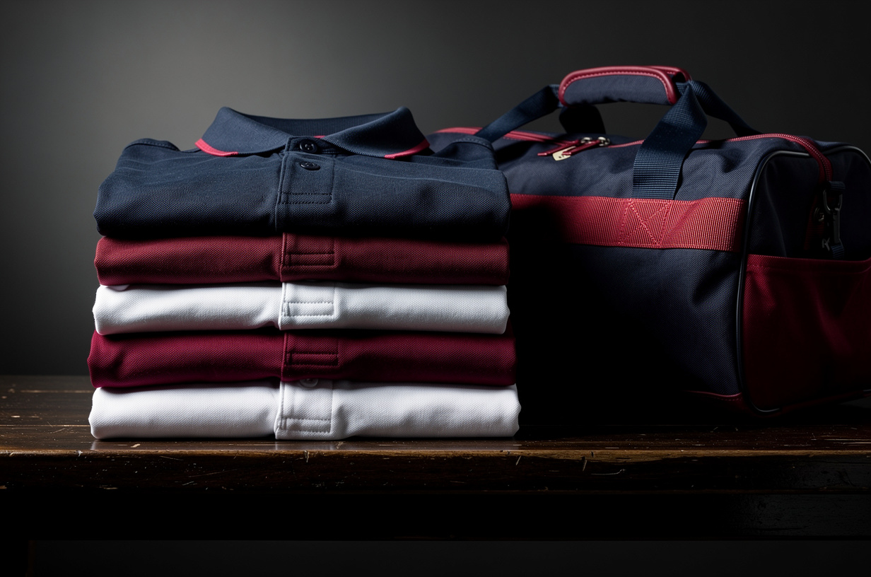 Folded school sports uniforms and PE gear in school colours
