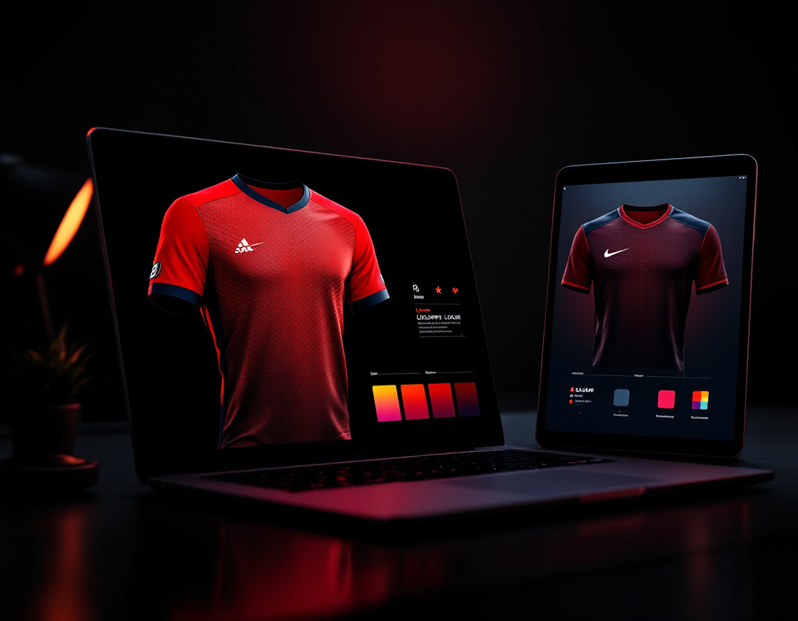 Sportswear design mockups on screen with colour palette
