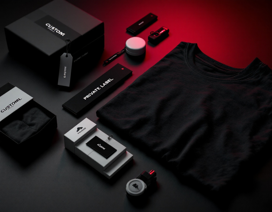 Private-label sportswear branding with custom labels, tags and packaging